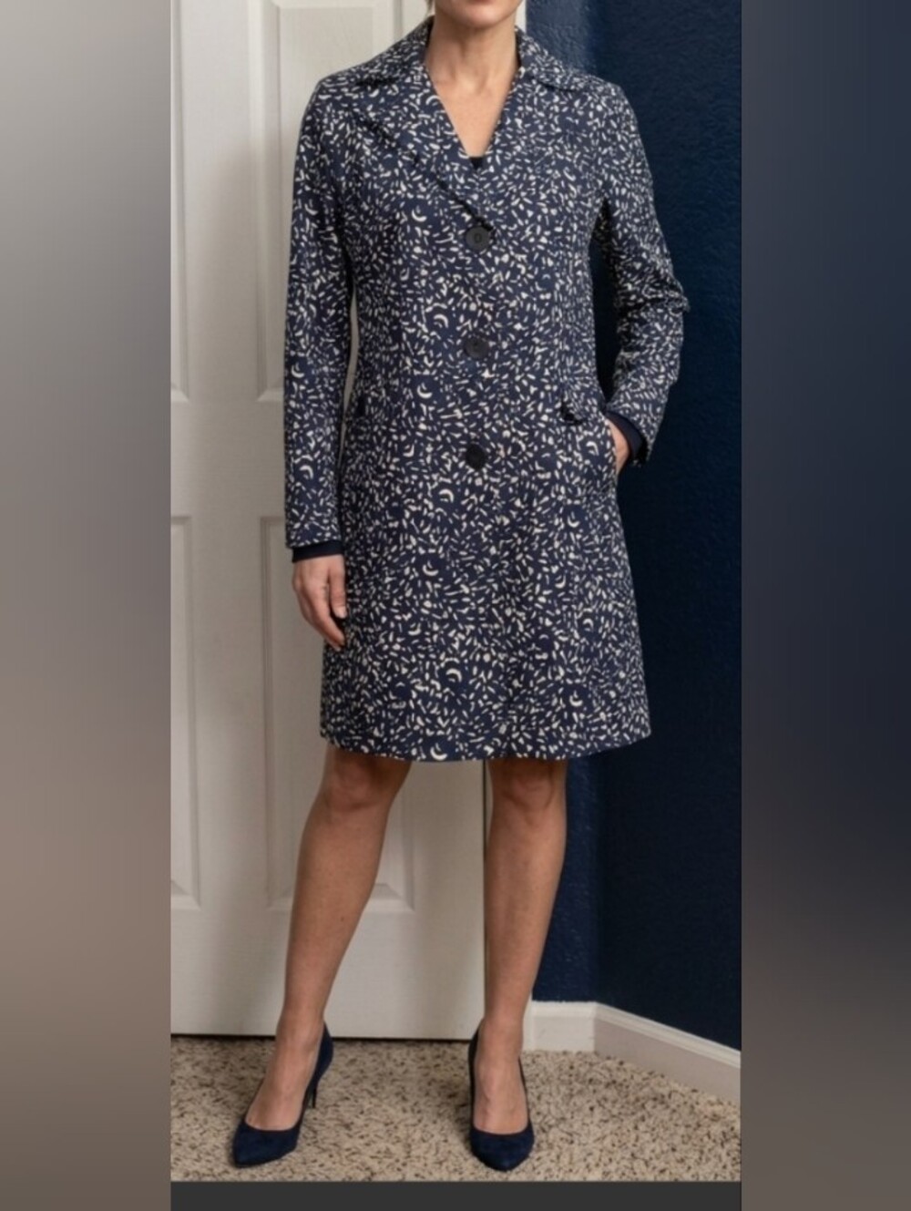 Talbots Navy and White Printed Long Blazer Coat
